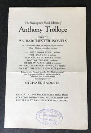 Original Prospectus for The Shakespeare Head Edition of Anthony Trollope The Barchester Novels. Anthony Trollope, Michael Sadleir.