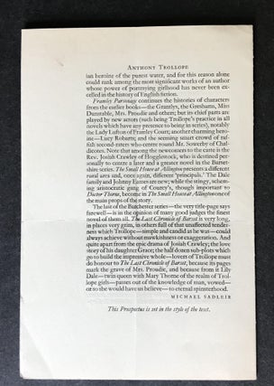 Original Prospectus for The Shakespeare Head Edition of Anthony Trollope The Barchester Novels [An Autobiography; The Warden; Barchester Towers; Doctor Thorne; Framley Parsonage; The Small House of Allington; The Last Chronicle of Barset