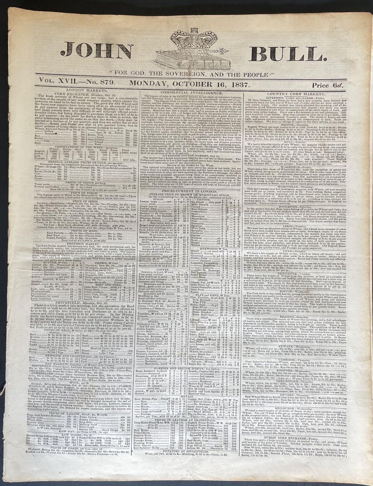 Item #3758 John Bull Vol XVII No. 879 Monday, October 16, 1837; [The Vicar of Wrexhill]. Likely a. number of Authors, Trollope Mrs., Frances Milton Trollope, Charles Dickens.