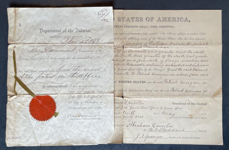 Item #3813 Land Grant from General Land Office of the United States of America awarded for service in the BLACK HAWK WAR. United States Department of the Interior, Jefferson Davis, Winfield Scott, Zachary Taylor, James Clyman, Abraham Lincoln.
